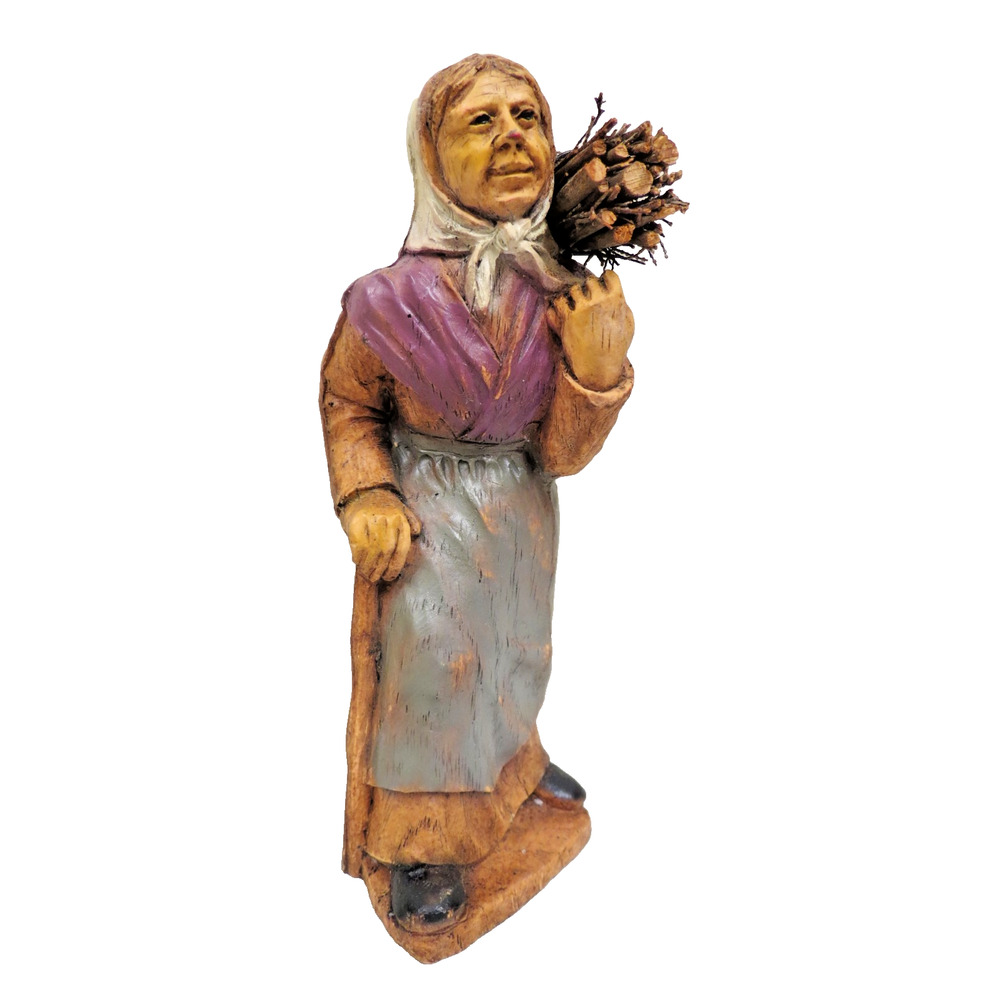 Vintage Hand Carved Hand Painted Wood Old Lady Carrying Sticks - Wooden 6.5"